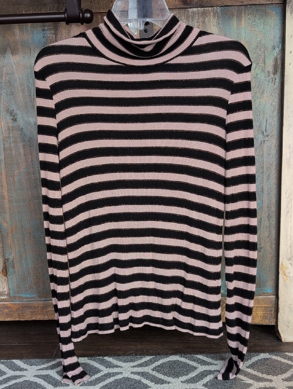 All Saints Black/Tan/Metallic Striped Turtleneck - Women's Large